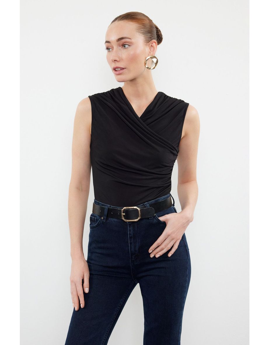 Black Fitted Gather Detailed Sleeveless Stretchy Knitted Blouse