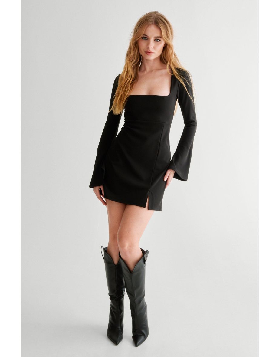Square Neckline Long Sleeve Mini Dress