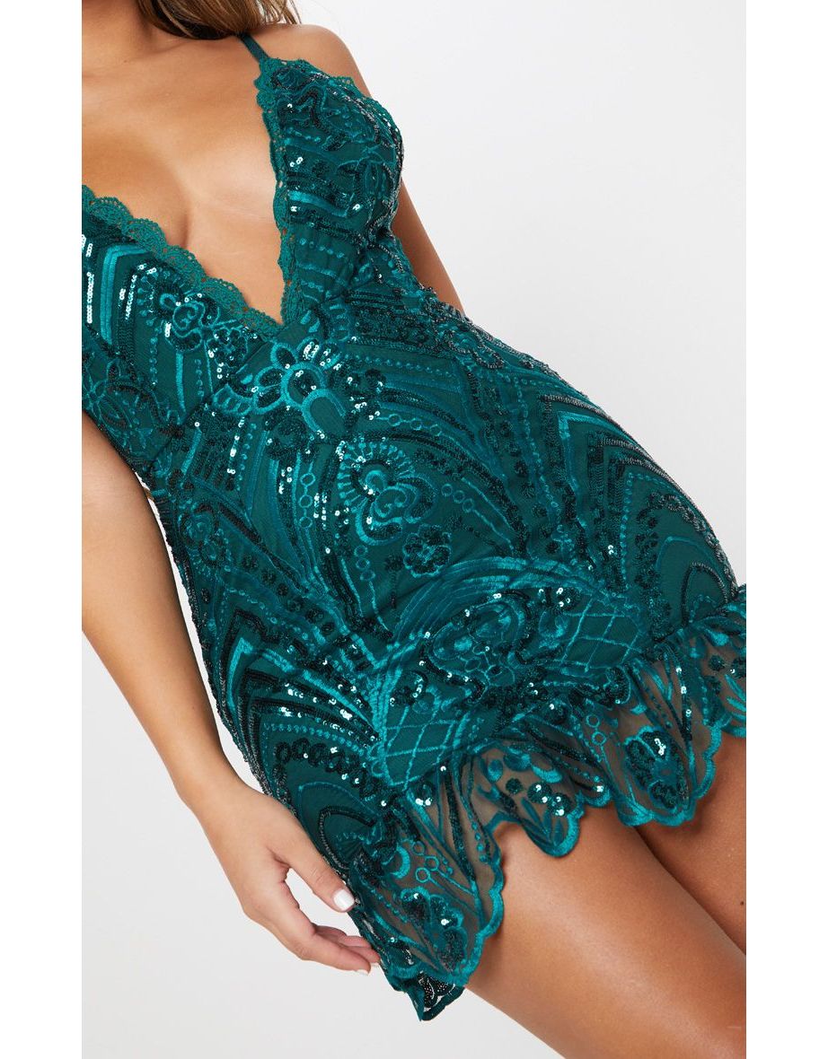 Emerald Green Sequin Lace Frill Hem Bodycon Dress - 4