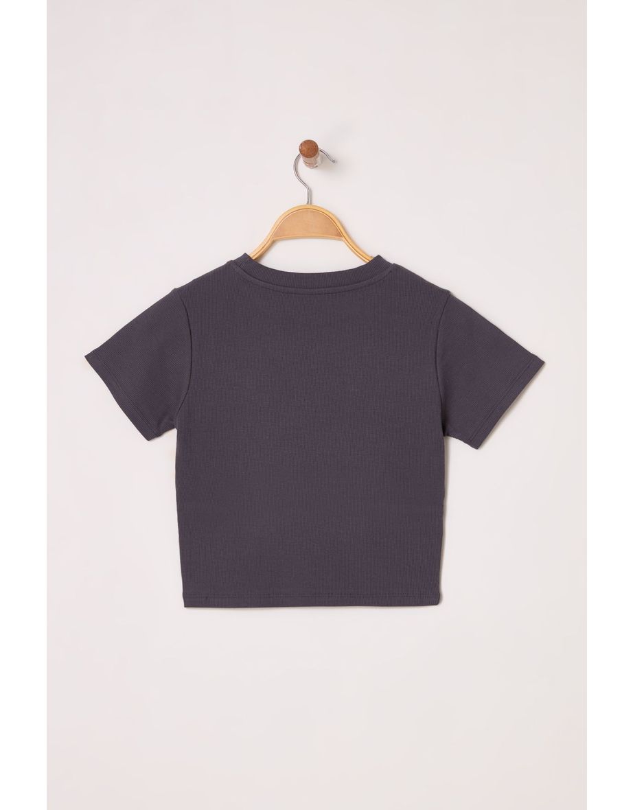 Anthracite Piping Detail Crew Neck Crop Ribbed Flexible Knit t-shirt - 5