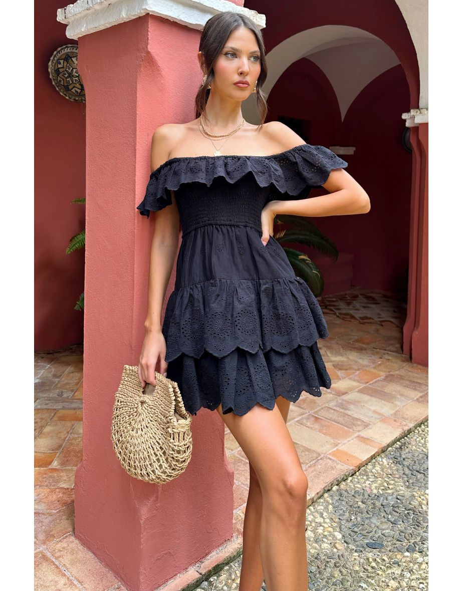 Explorer | Black Broderie Ruffled Bardot Mini Dress - 7