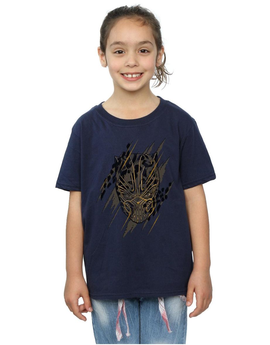 Marvel Girls Black Panther Gold Head Cotton T-Shirt - Navy Blue