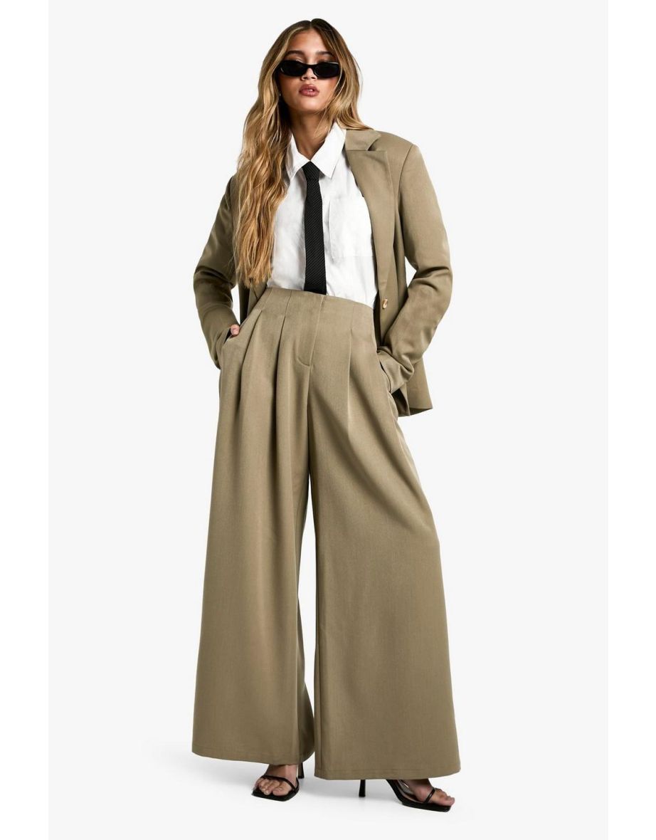 Tailored Pleated Low Rise Wide Leg Trousers - khaki