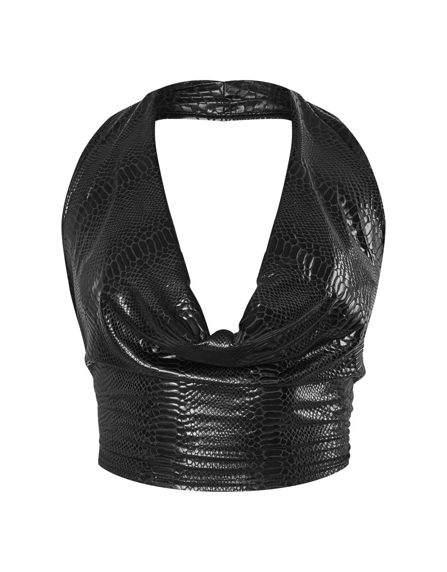 Black Textured Shine Cowl Halter Neck Crop Top - 4
