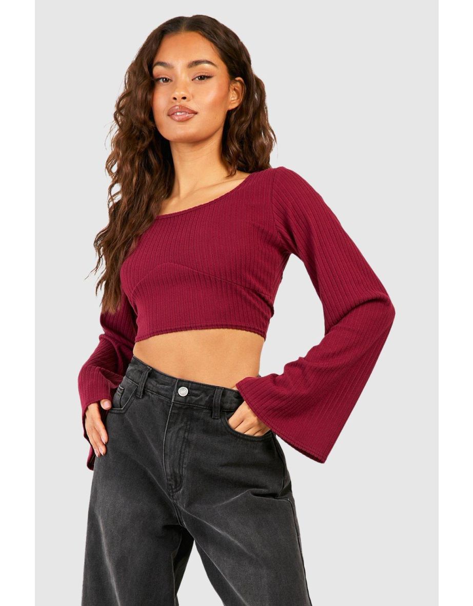 Flare Sleeve Rib Knit Crop Top - berry