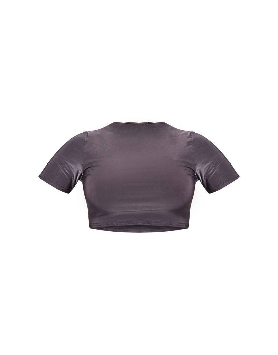Dark Grey Basic Slinky Short Sleeve Crop Top - 4