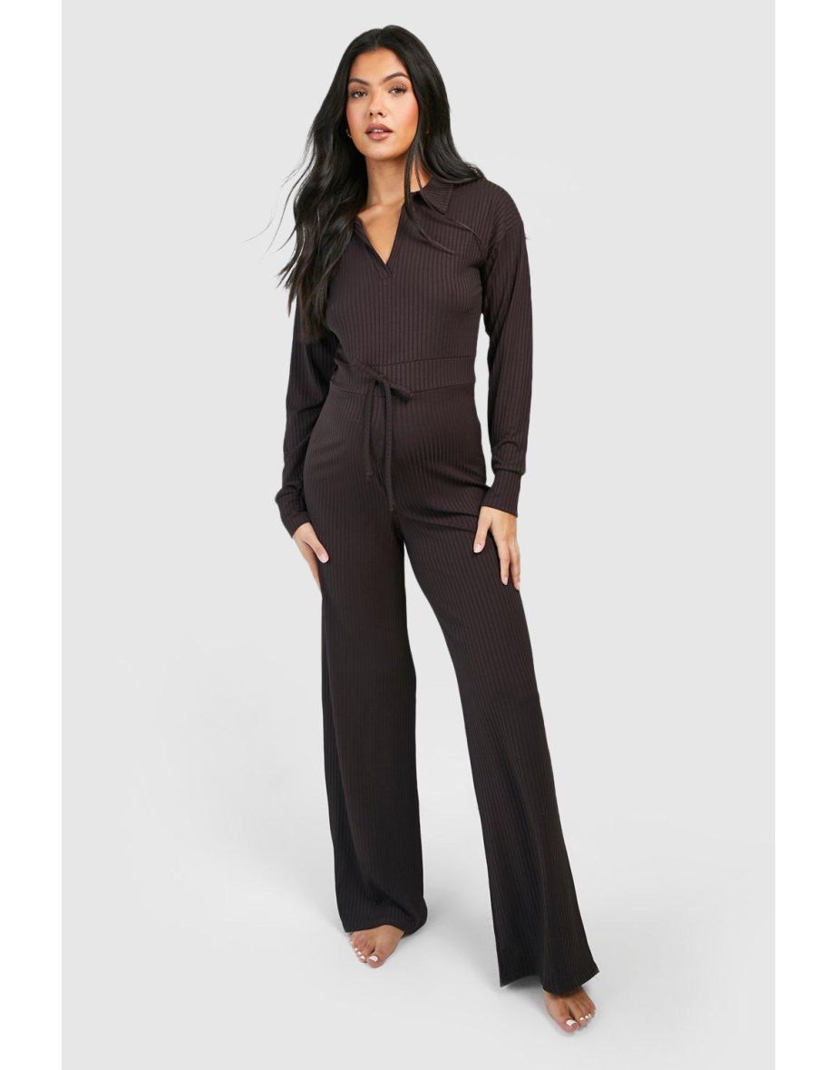 Maternity Collared Wide Leg Loungewear Jumpsuit - chocolate