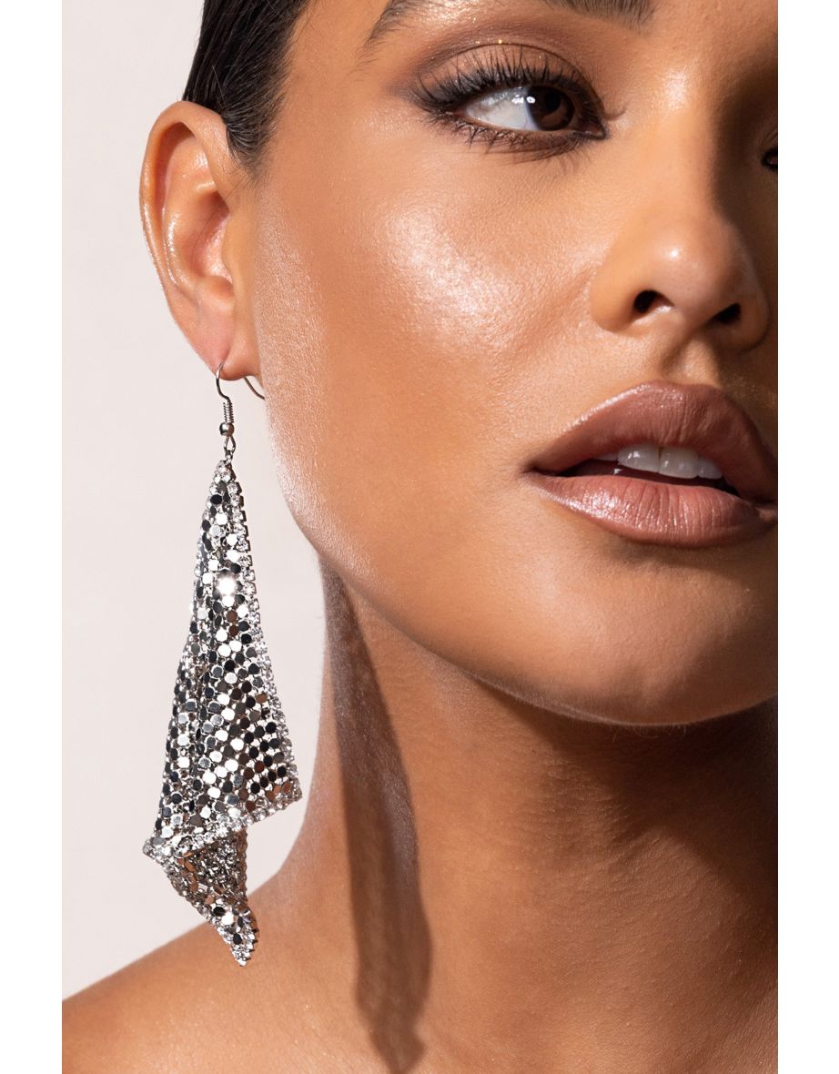 Giuseppa | Silver Diamante Chain Mail Drop Earrings - 2