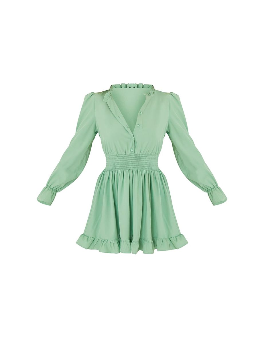 Sage Green Shirred Waist Shirt Dress - 4