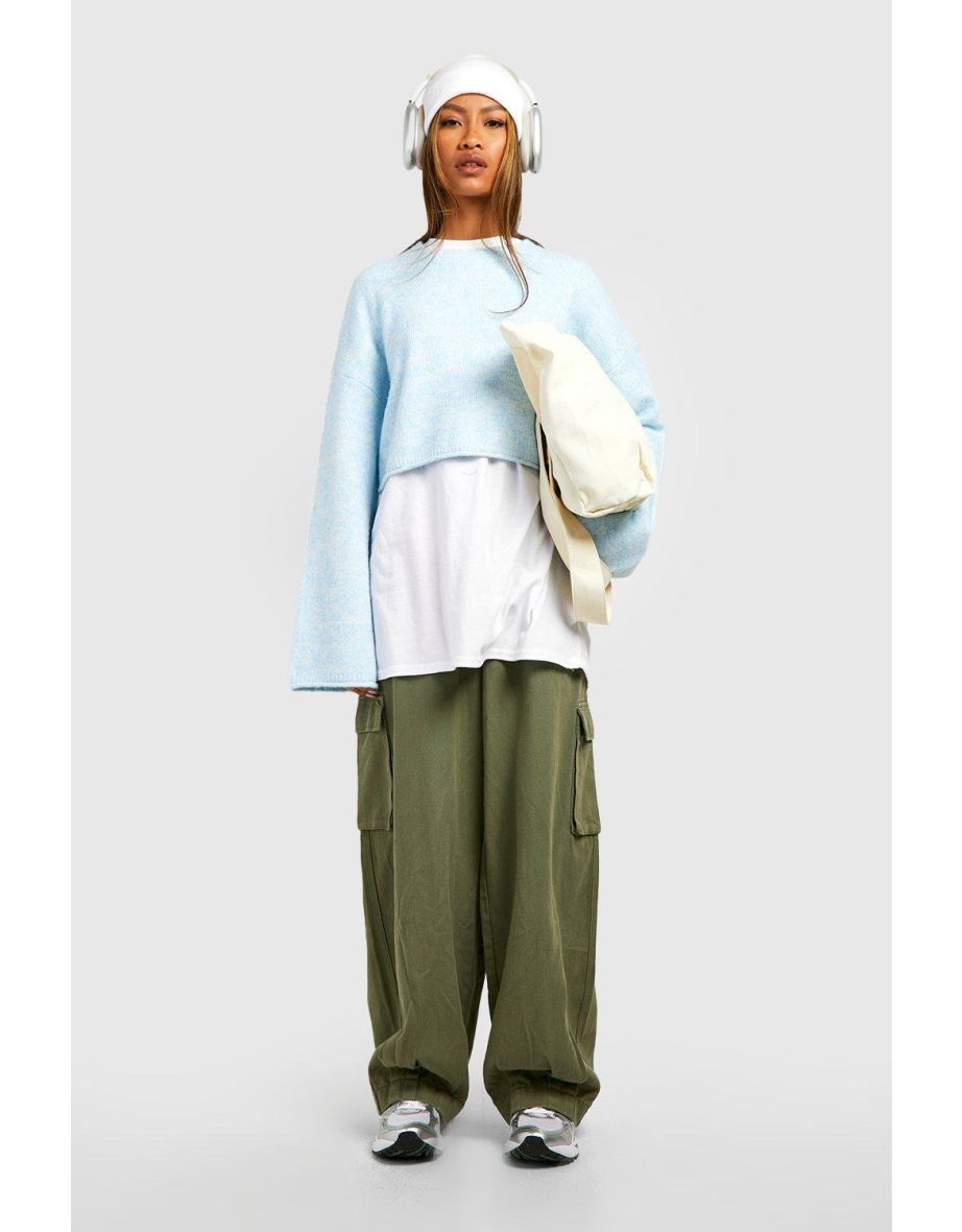 Marl Knit Wide Sleeve Crop Jumper - bright blue - 3