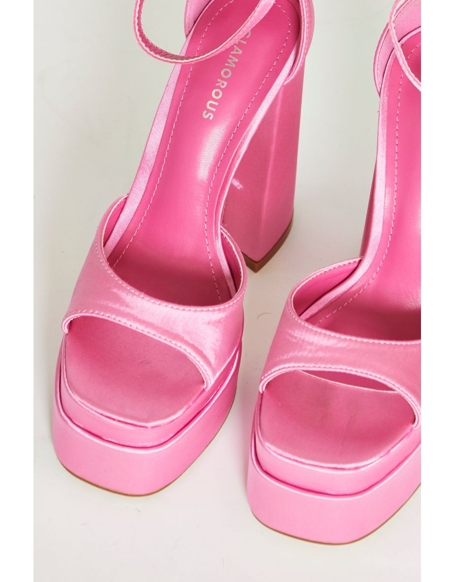 Glamorous Pink Satin Open Toe Platform Heels - 4