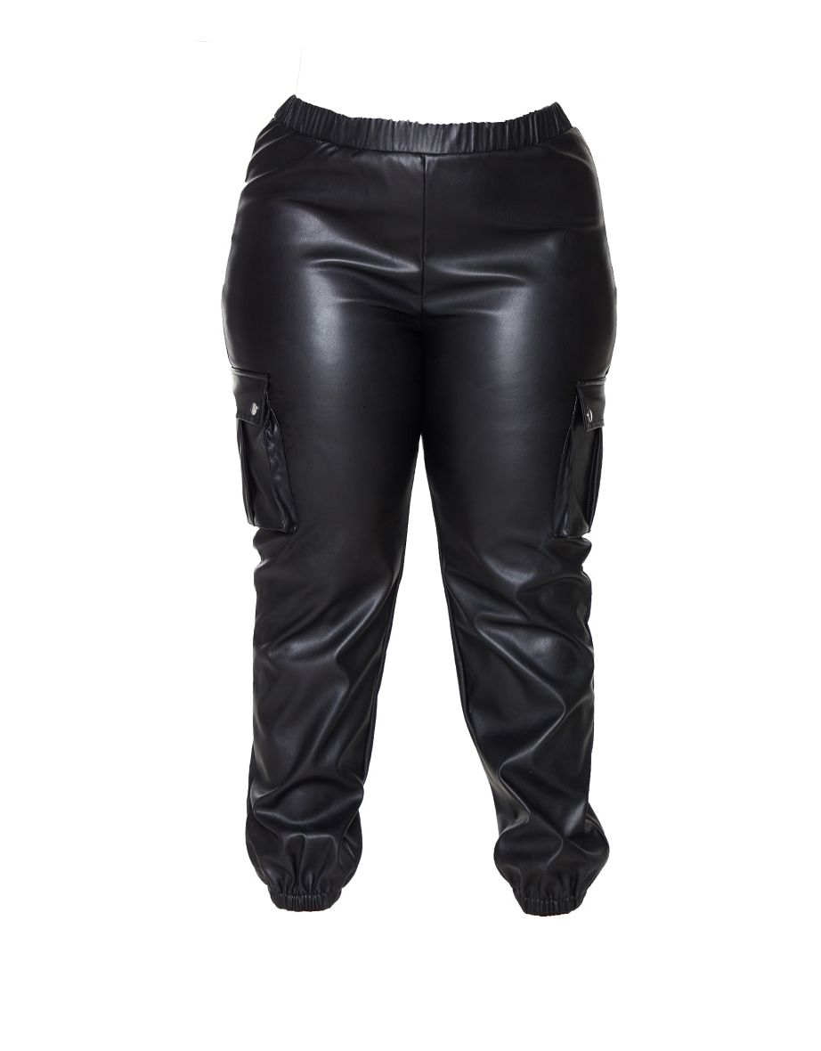Plus Black Faux Leather Cargo Trousers - 4