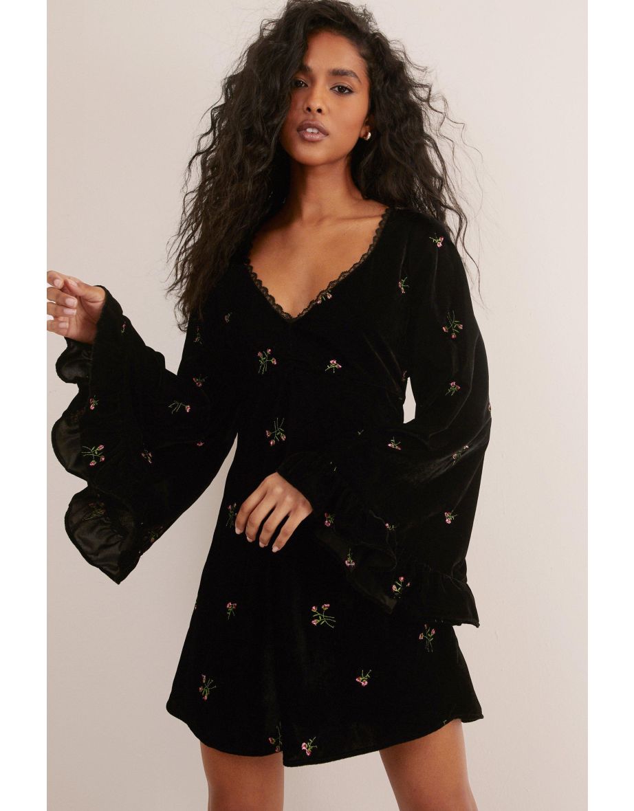 Velvet Floral Embroidered Ruffle Lace Trim Mini Dress