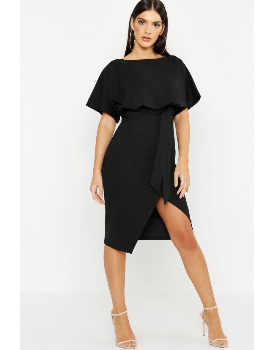 Slash Neck Tie Waist Midi Dress - black