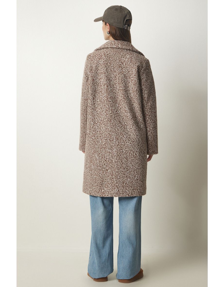 Women's Brown Double Breasted Collar Pocket Boucle Coat - 6