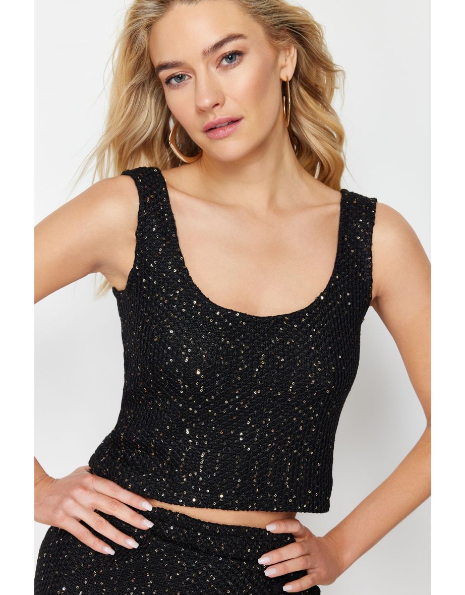 Black Crop Shiny Sequin Embroidered Top Knitwear Blouse - 7