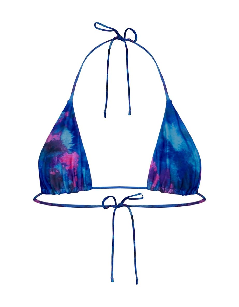 Blue Acid Wash Contrast Tie Triangle Bikini Top - 3