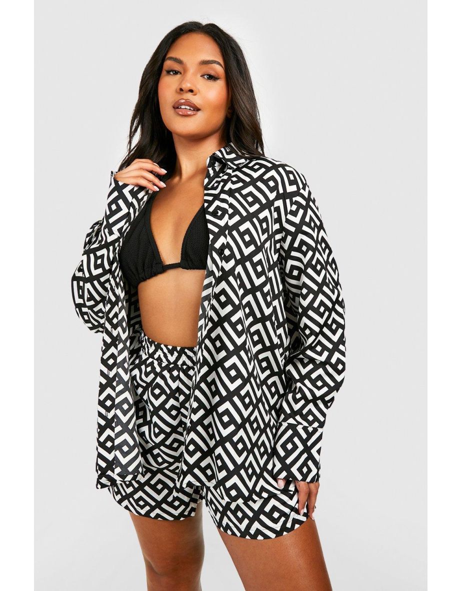 Plus Mono Geo Print Shirt & Shorts Co-ord Set - black - 3