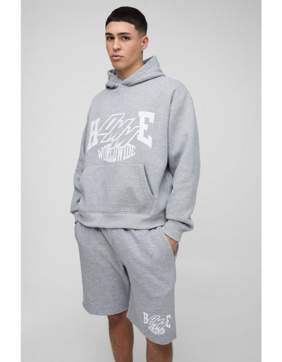 Oversized Boxy Homme Hooded Short Tracksuit - grey marl - 2
