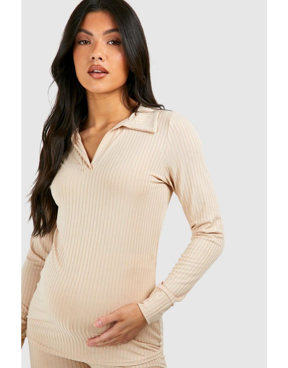 Maternity Rib Collared T-shirt And Legging Set - stone - 3