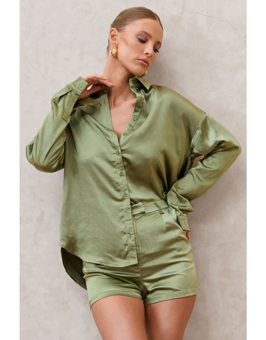 Limitless | Olive Green Oversized Long Sleeve Satin Shirt With Placement  Pocket