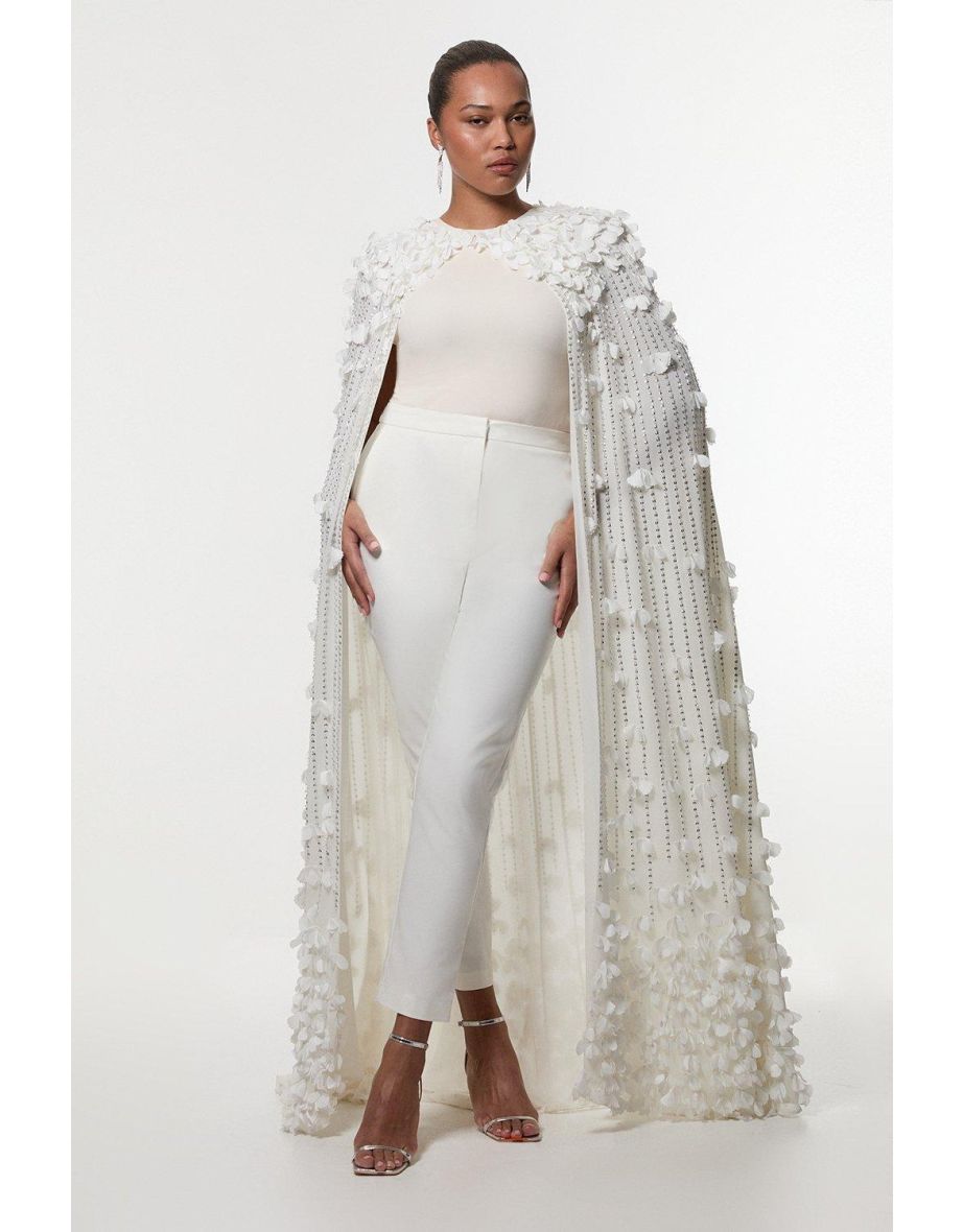 Plus Size Floral Applique Crystal Embellished Woven Maxi Cape