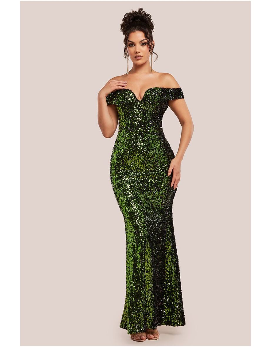 Goddiva Sequin Velvet Bardot Evening Maxi Dress - Olive