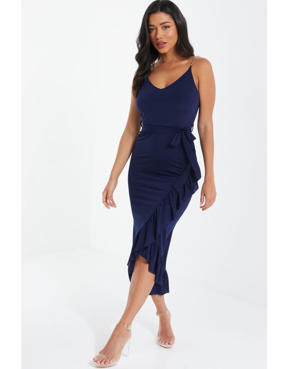 Warehouse navy slinky on sale wrap waist dress