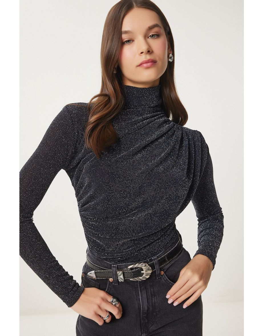 Women's Black Gray Drawstring Detail Stand Collar Sandy Top