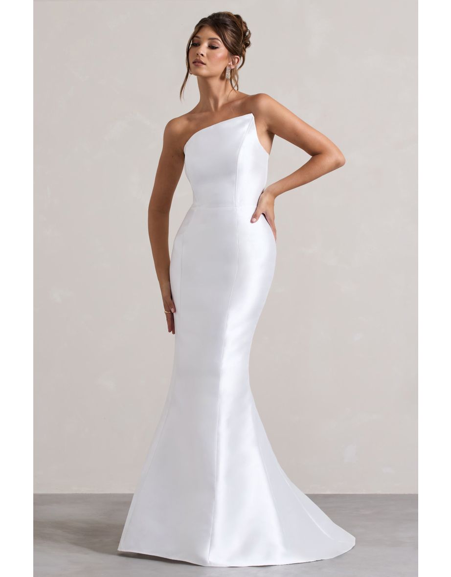 Define | White Satin Asymmetric Fishtail Maxi Dress - 4