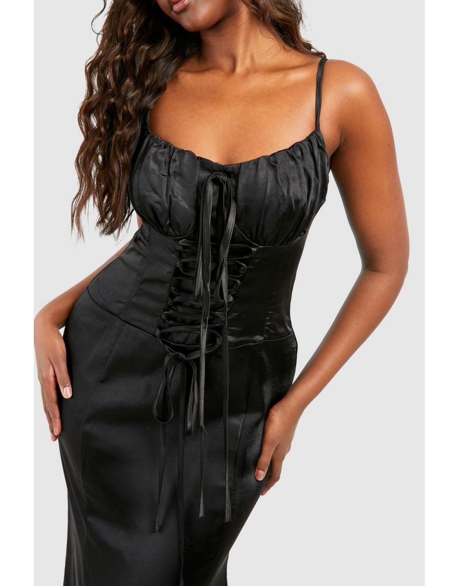 Satin Lace Up Corset Midi Dress - black - 3
