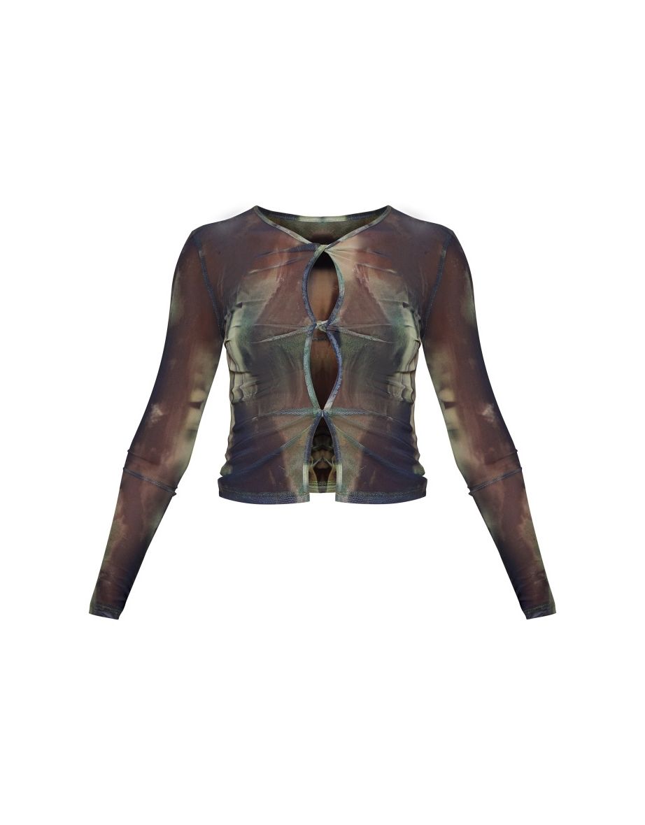 Dark Green Printed Mesh Cutout Long Sleeve Top - 4