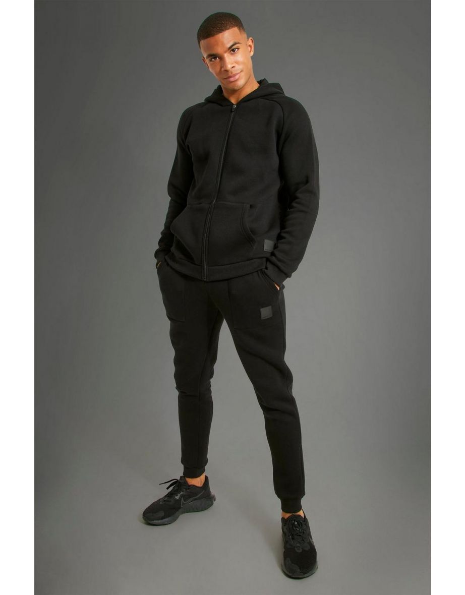 Man Active Gym Zip Through Hoodie Tracksuit - black