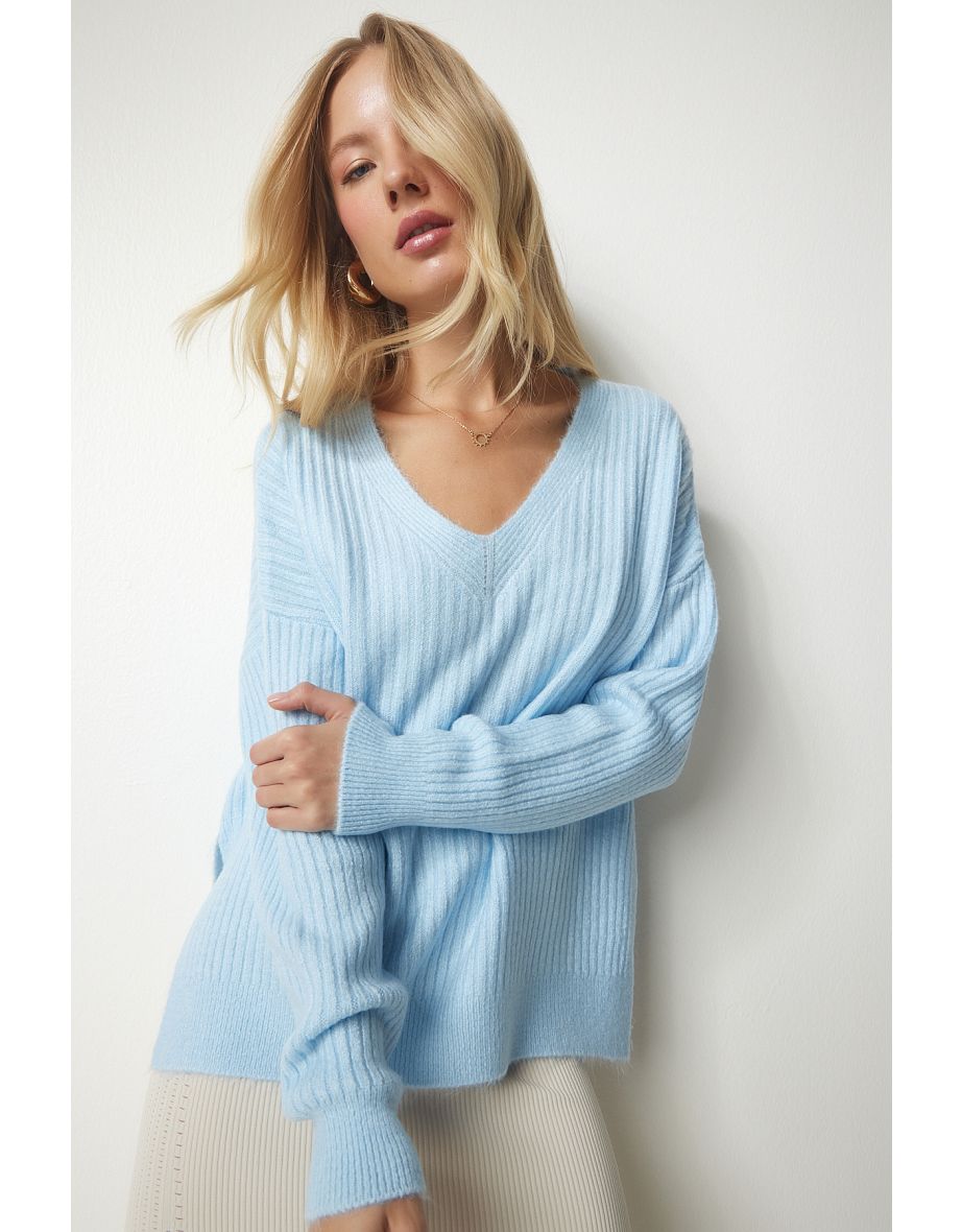 Light blue v on sale neck sweater women's