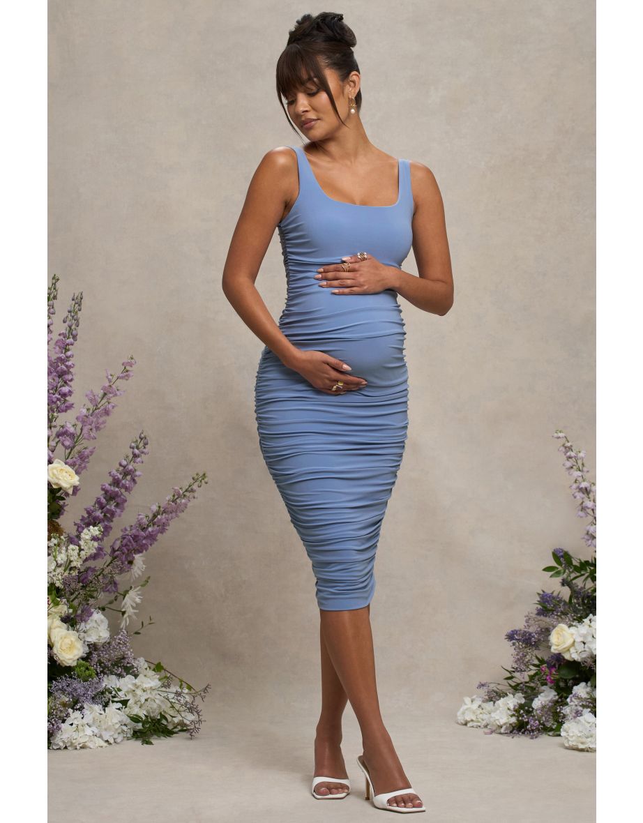 Lisbon | Powder Blue Maternity Square Neck Ruched Midi Dress