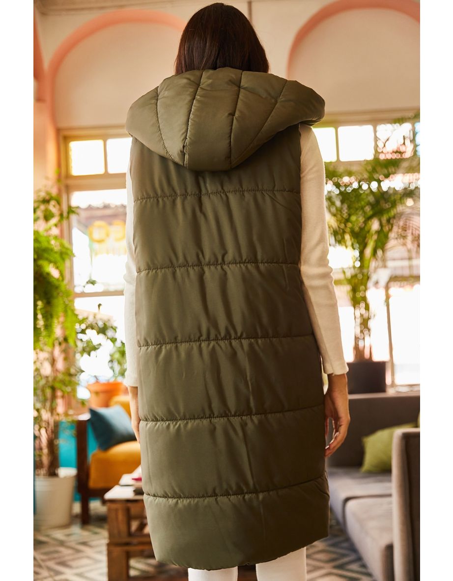 Women's Khaki Hooded Vest with Pockets - 6