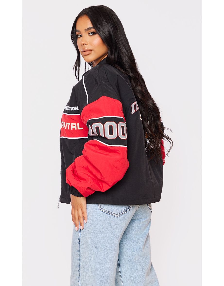 Shop Petite Black Oversized Slogan Zipped Racer Bomber Shop Petite Black Oversized Slogan Zipped Racer Bomber