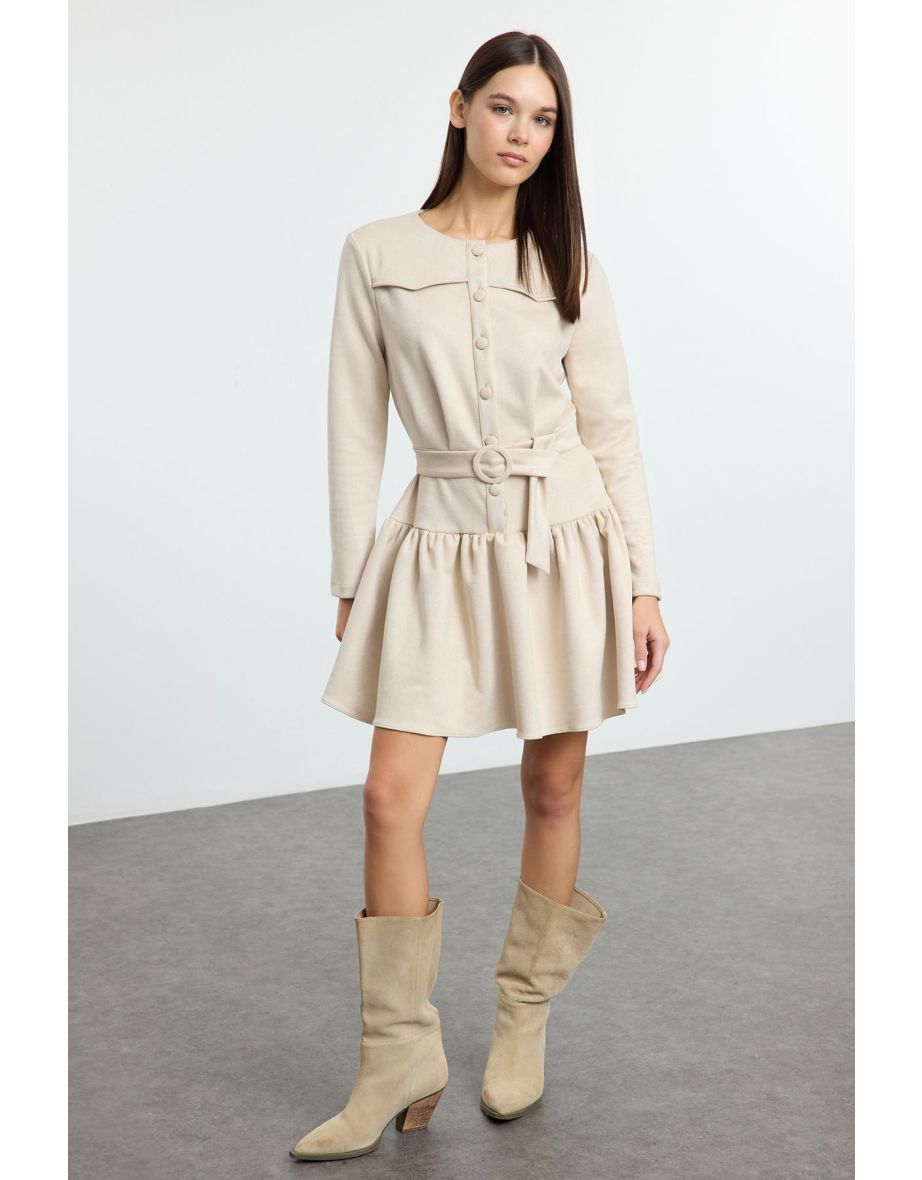 Stone Belted Plain Mini Woven Dress