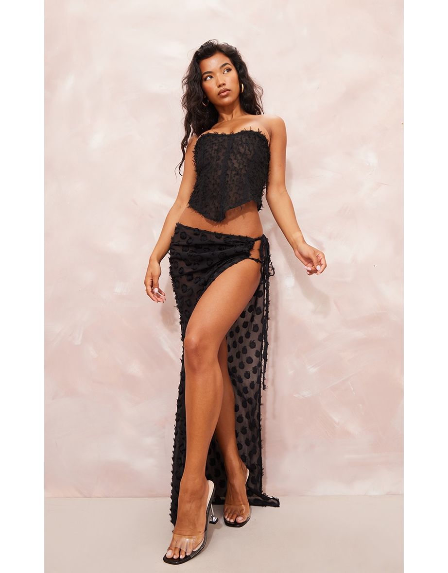 Black Distressed Sheer Polka Dot Tie Waist Maxi Skirt