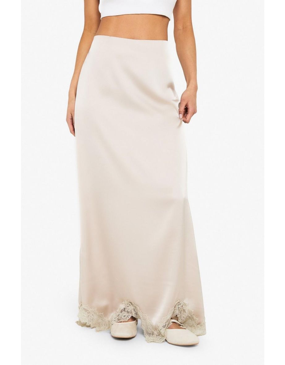Satin Lace Trim Maxi Slip Skirt - champagne - 3