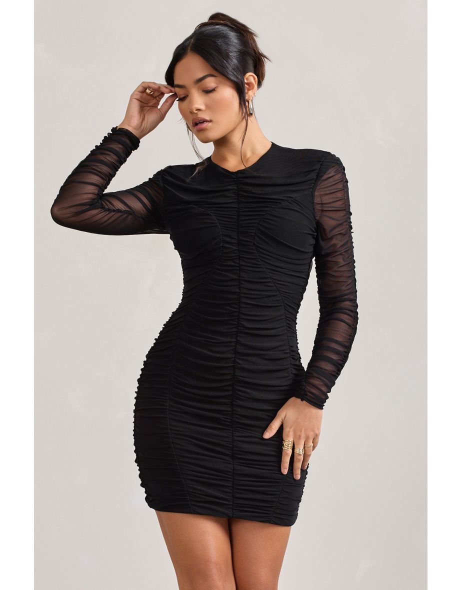 Euphoria | Black Ruched Long Sleeve Mini Dress