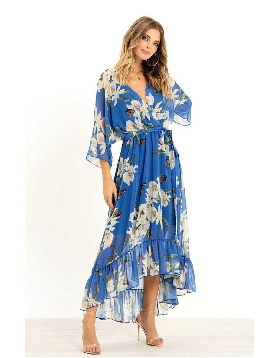 Yumi Floral Print Kimono Midi Wrap Dress Blue