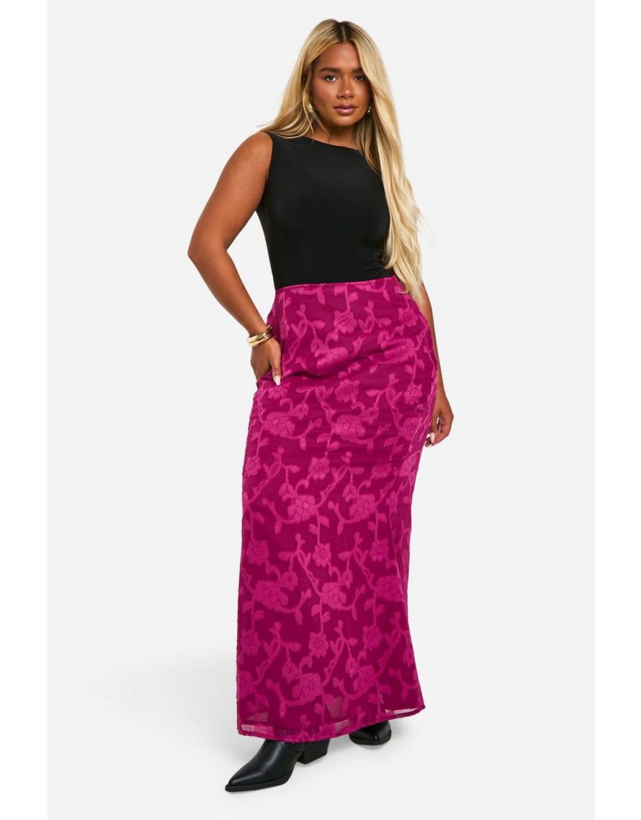 Plus Burnout Floral Maxi Skirt - plum