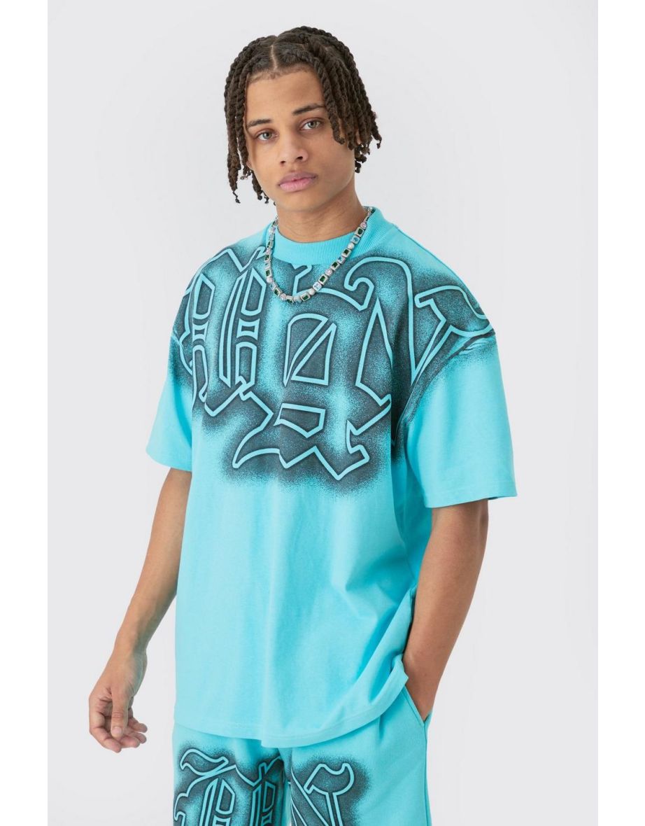 Oversized Extended Neck Gothic Man Graffiti Spray T-shirt - aqua
