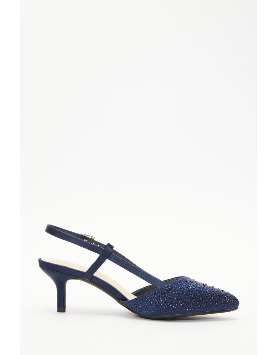 Wide Fit Navy Satin Diamante Low Court Heels - 5