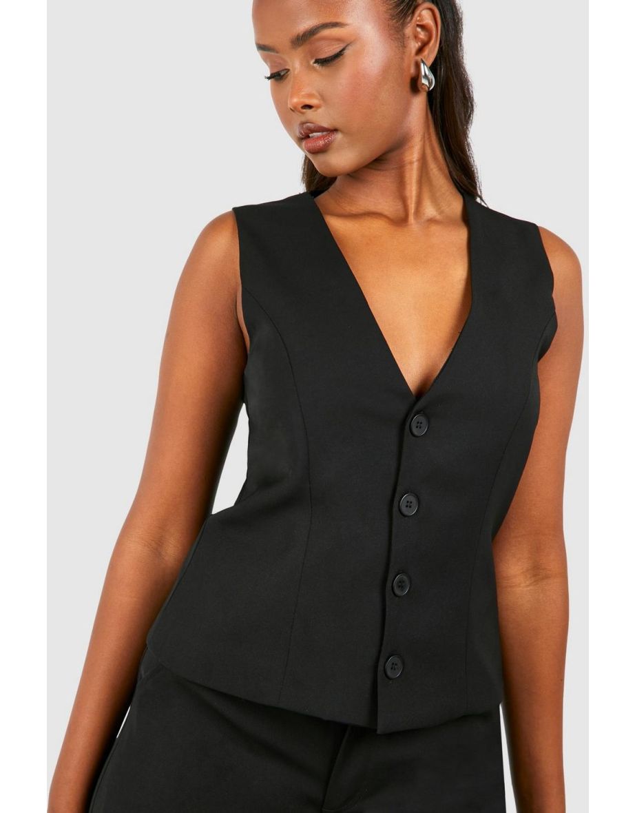 Contrast Button Fitted Waistcoat - black - 3