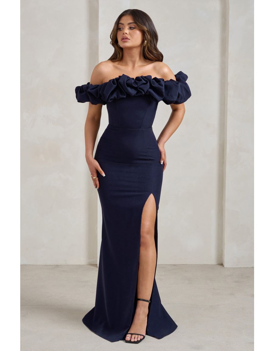 Shop Esmeralda Navy Structured Statement Bardot Maxi Dress Online in United Arab Emirates VogaCloset