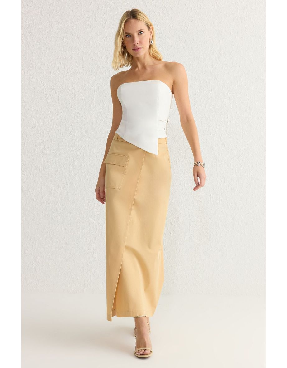White Strapless Fitted Belt Buckle Detailed Woven Blouse