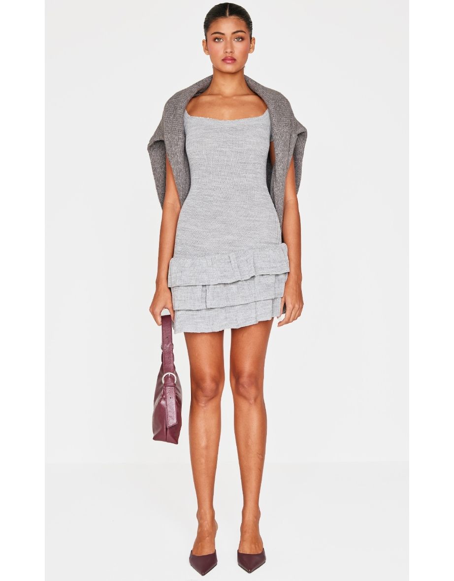 Grey Textured Knitted Rara Mini Dress