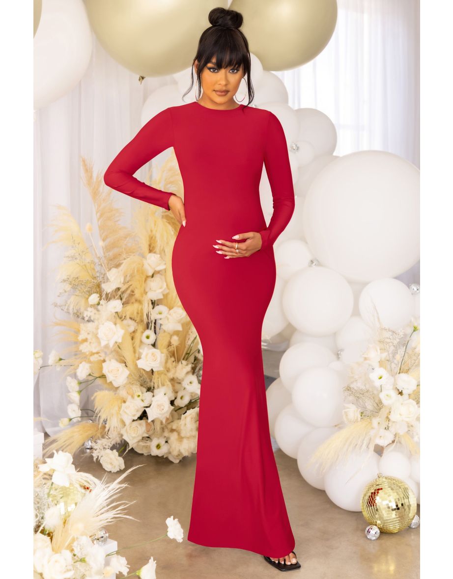 Red Maternity Maternity Long Sleeve Backless Maxi Dress